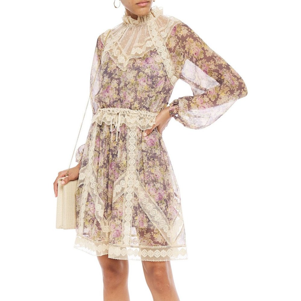 Zimmermann Floral Lace-Trim Mini Dress in Cream and Lavender